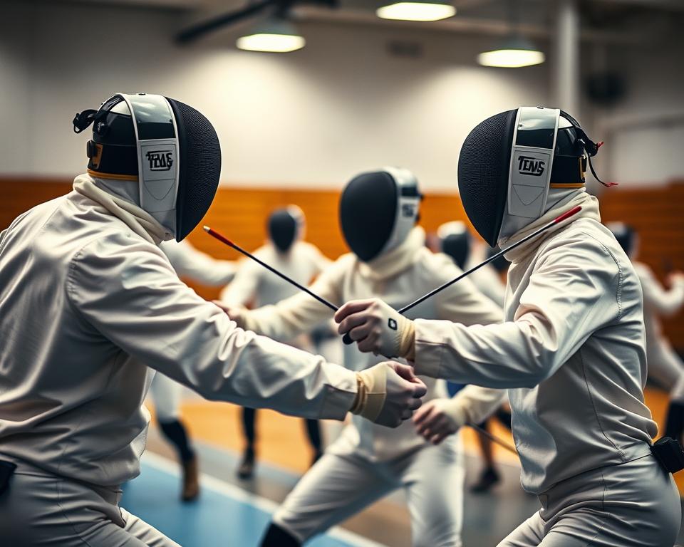 Fencing athletes training